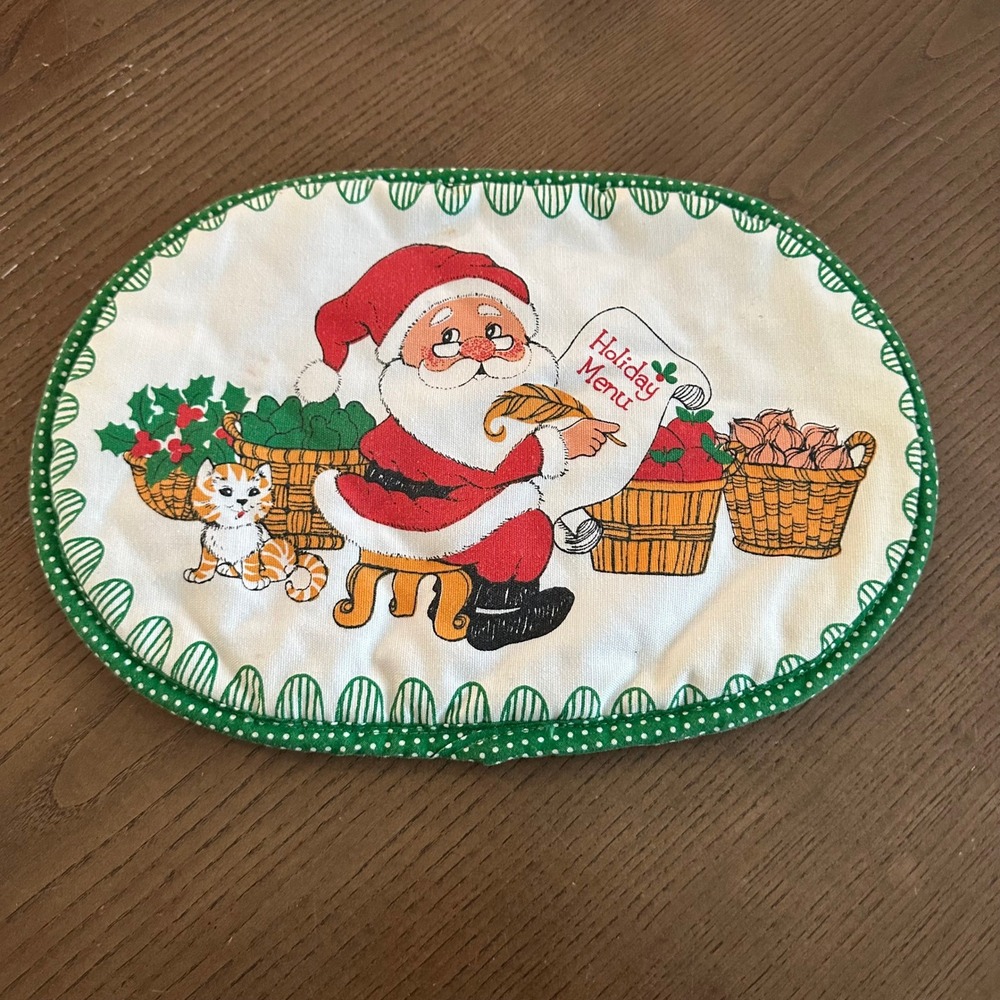 Vintage Christmas Santa Holiday Menu Potholder Green‎ Polka Dot Quilted Oval